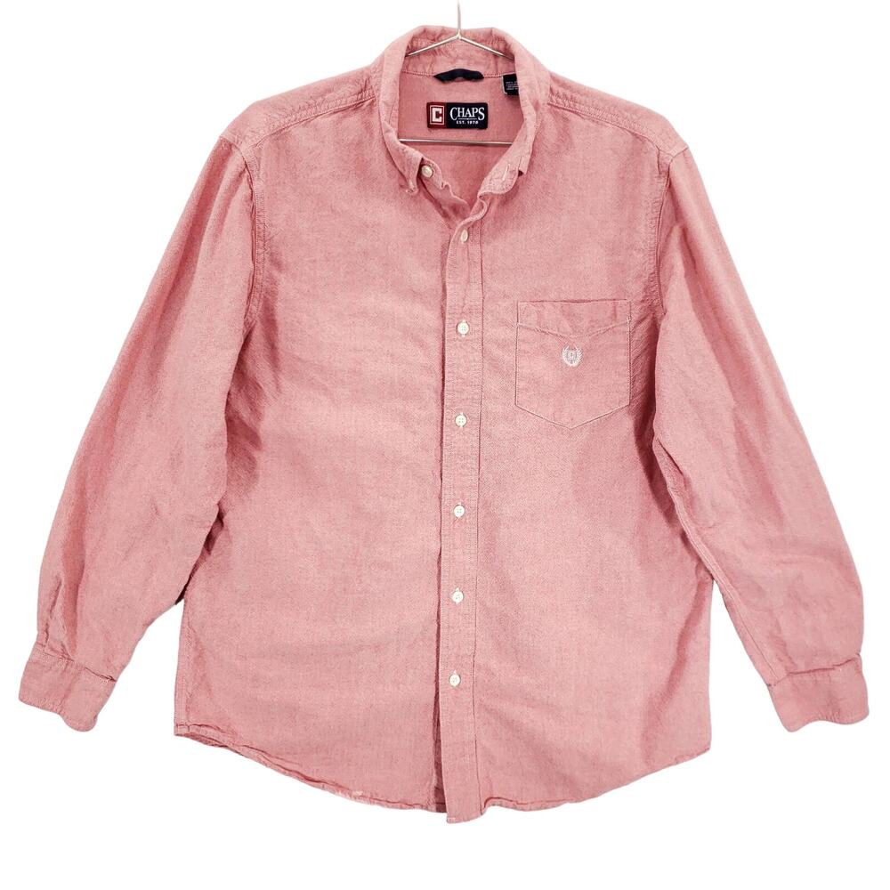Chaps Shirt Mens Medium Red White Chambray Preppy Casual Comfort Button Down Top